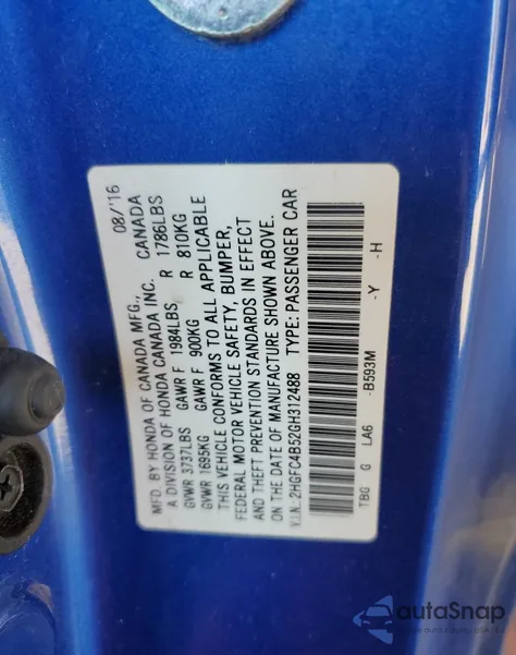 2016 Honda Civic Lx z USA, uszkodzony, nr VIN 2HGFC4B52GH312488